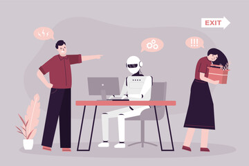 Robot has replaced human at work. Boss fires female employee and replaces her with artificial intelligence. Robotization,