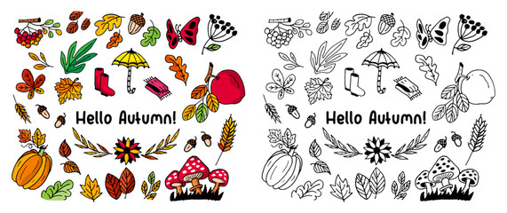 Fototapeta premium Autumn doodle vector drawing illustration. Sketchy black lines of fall season. Colorful hand drawing cartoon vector art.