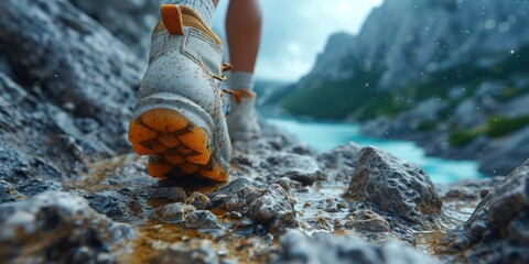 Close up of a of hiker, hiking man up a mountain trail with boot one foot lifted off