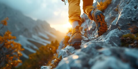 Close up of a of hiker, hiking man up a mountain trail with boot one foot lifted off - obrazy, fototapety, plakaty