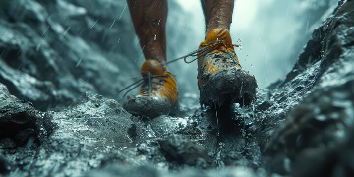 Close up of a of hiker, hiking man up a mountain trail with boot one foot lifted off