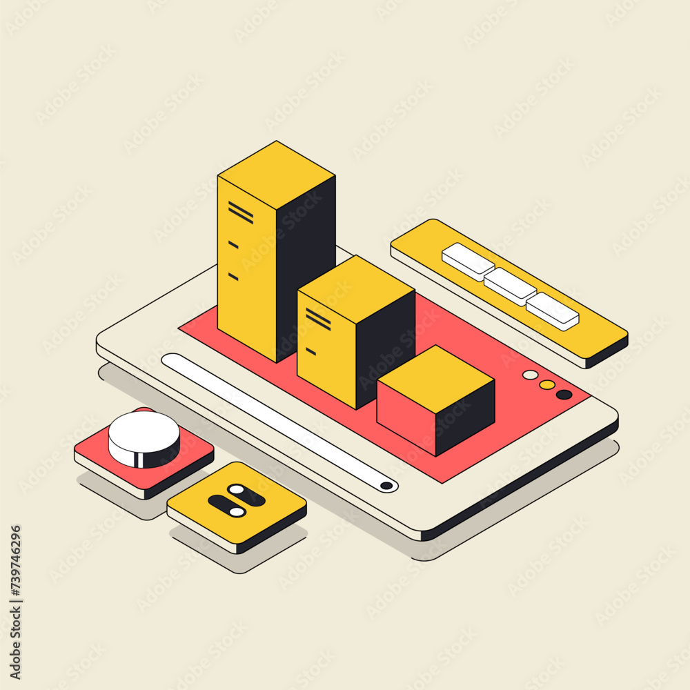 Poster charts and analyzing statistics. data visualization concept. 3d isometric vector illustration.