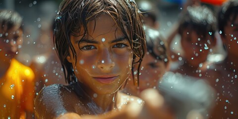 Happy young people are using water guns play in the summer, enjoy the splashing Songkran Festival