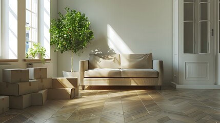 Bright beige contemporary furniture in a sunny room with green plants