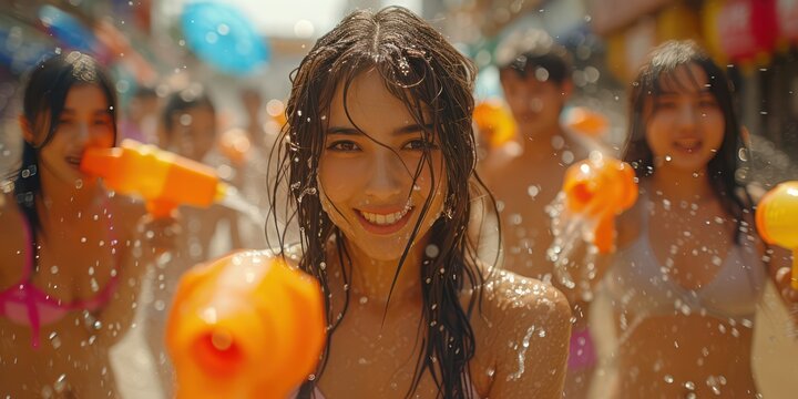 Happy young people are using water guns play in the summer, enjoy the splashing Songkran Festival