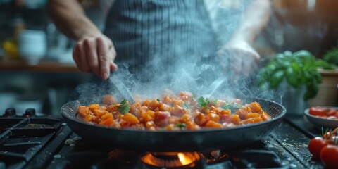 Professional chef cooking marinated tuna food in kitchen room