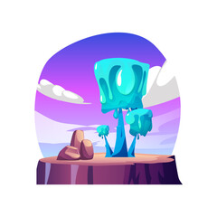 Magic blue tree on rock land from alien world, cartoon vector fantasy game plant with strange crown with dripping slime
