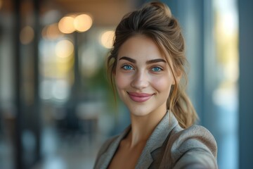 Fototapeta premium A young woman extends her hand in gratitude to accept a job offer for a career