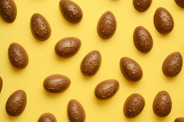 Scattered chocolate Easter eggs with decorative patterns on a bright yellow background, creating a playful and abundant holiday theme.