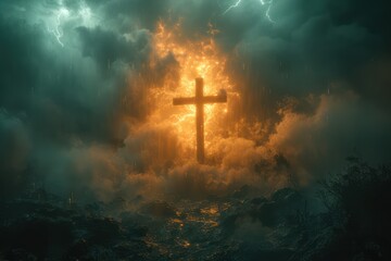 Fototapeta premium Jesus Christ on the cross, thunder lightning storm dark clouds in the background