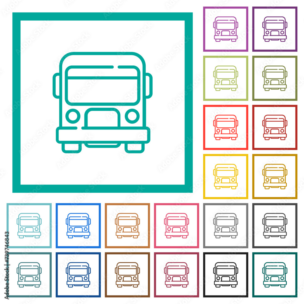 Poster school bus front view outline flat color icons with quadrant frames