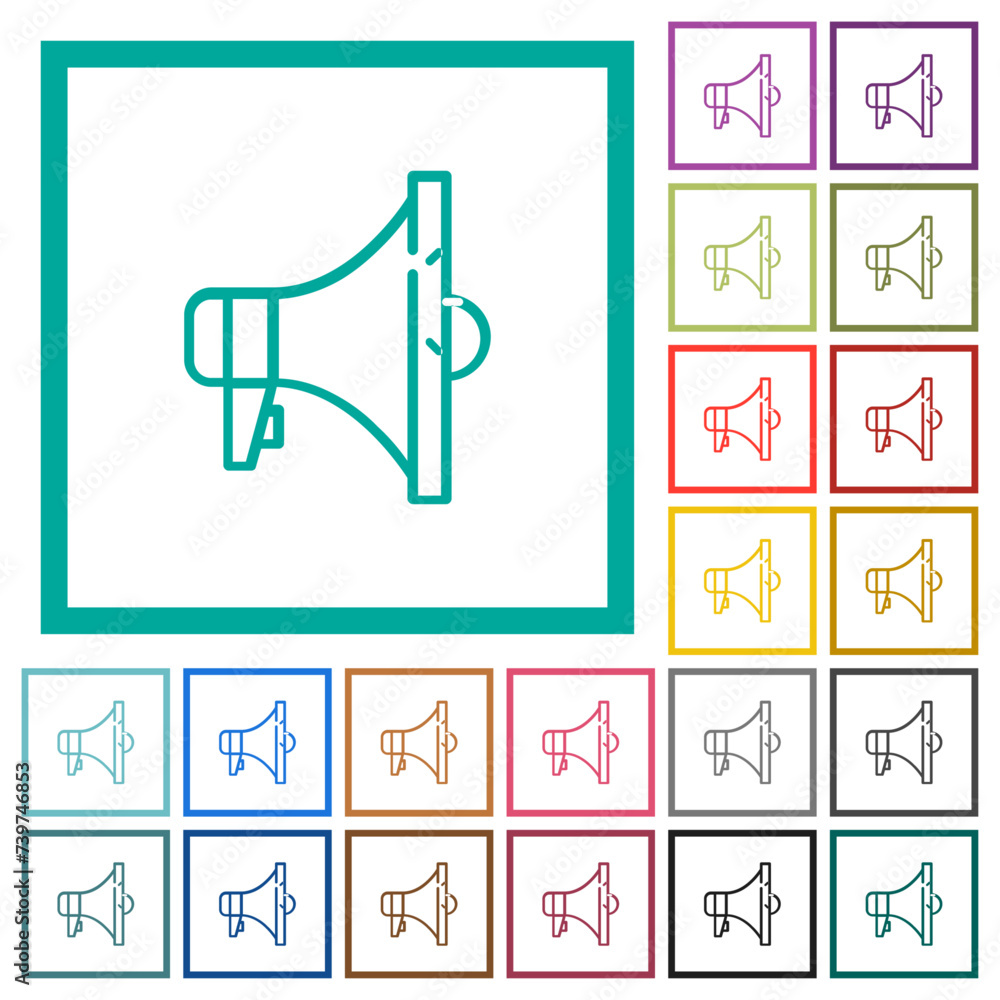 Poster megaphone outline flat color icons with quadrant frames