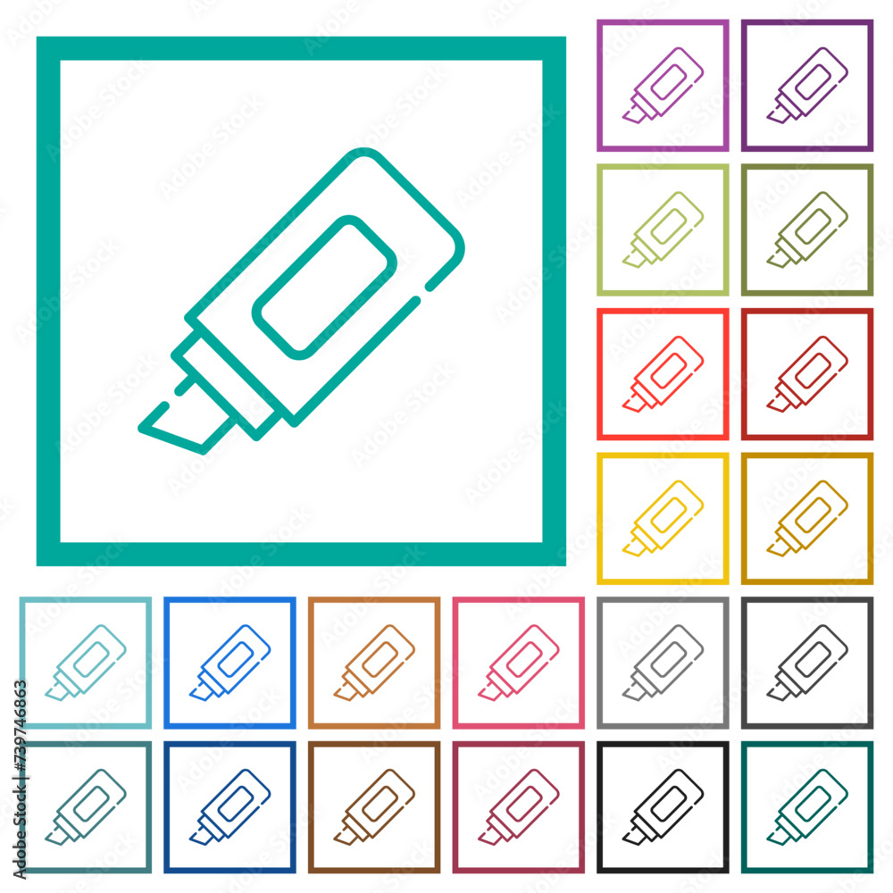 Poster office marker outline flat color icons with quadrant frames