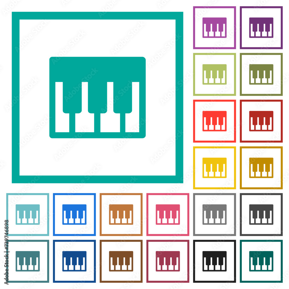 Poster piano keyboard solid flat color icons with quadrant frames