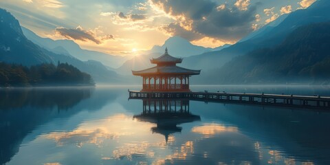 A Gazebo in the middle of a huge reflective lake in a mountain valley, sunset - Powered by Adobe