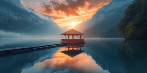 A Gazebo in the middle of a huge reflective lake in a mountain valley, sunset