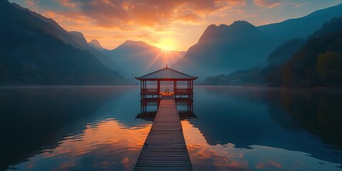 A Gazebo in the middle of a huge reflective lake in a mountain valley, sunset - obrazy, fototapety, plakaty