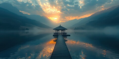 A Gazebo in the middle of a huge reflective lake in a mountain valley, sunset - obrazy, fototapety, plakaty