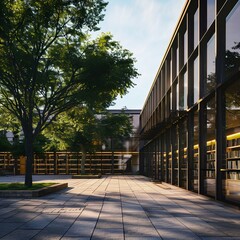 Fototapeta premium Twilight Harmony: Library Exterior Blending Nature and Architecture. Generative ai