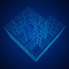 Architecture building. Modern house plan. Wireframe low poly mesh.