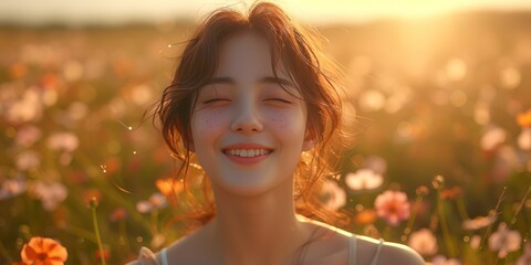 Portrait of happy Asian cut girl laughing and smiling, showing thank you, namaste gesture, grateful standing over flower field, morning sun warm light