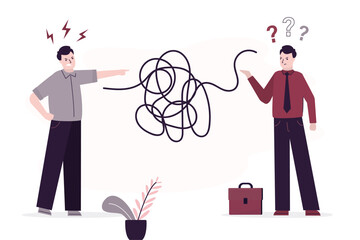 Bad communication concept. Businessmen talking through messy chaos, tangled line make people confused. Misunderstanding create confusion in work.