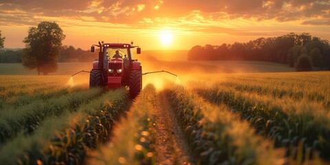 Tractor spraying pesticides in green corns field during springtime