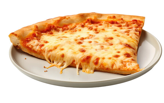 A Slice of Cheese Pizza on a Plate. A delicious slice of cheese pizza rests on a plate, with its melted cheese, savory tomato sauce, and golden crust perfectly showcased.