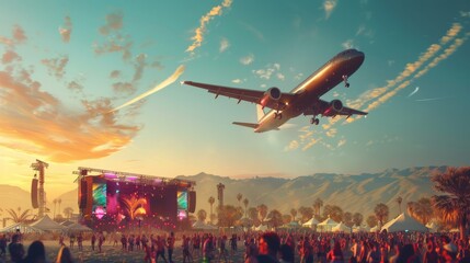 Airplane flies over colorful Coachella festival in desert, people enjoy music. Airplane's shadow crosses vibrant festival stages, desert alive with music. - obrazy, fototapety, plakaty