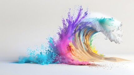 A multicolored rainbow wave of painted water on a white background