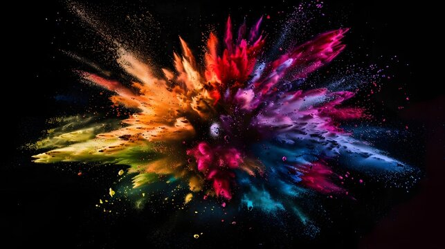 Rainbow multicolored paint explosion on a black background