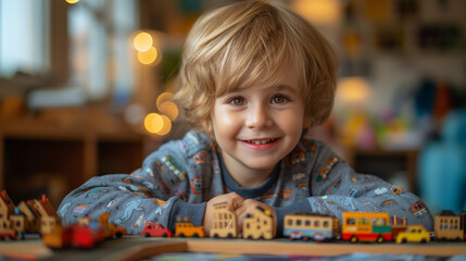 A child plays with a toy railway.