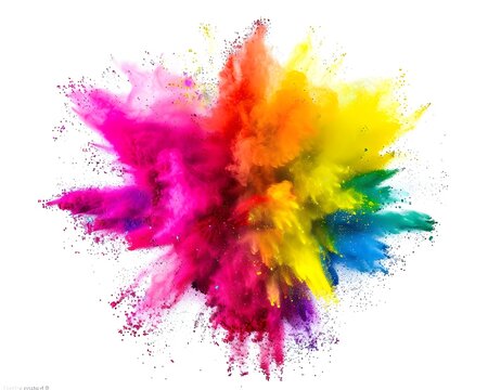 A central explosion of multicolored rainbow paint on a white background