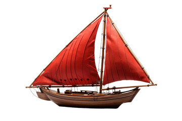 Red Sail Boat Floating on Top of a Body of Water. A red sail boat peacefully floats on the calm surface of the water. on a White or Clear Surface PNG Transparent Background.