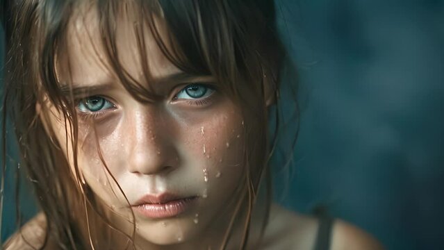A young girl with tears streaming down her face her body trembling from the flashbacks of her traumatic experience, Close Up of a Person With Tears on Their Face