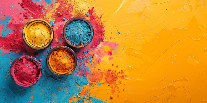 Banner with Holi color powder in bowls with copy space. . Holi color festival concept. Shallow depth of  field.