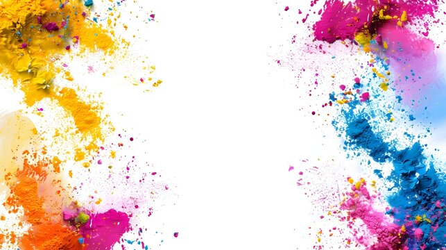 Specks and flicks of rainbow multicolored paint on white paper background