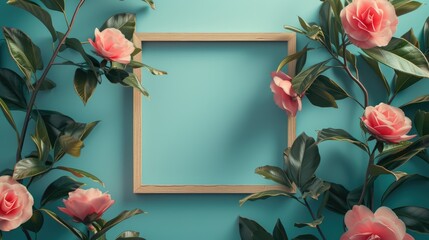 Top view wooden frame texture with pink camellia flowers decoration on blue background. 3D mockup greeting frame wedding invitation