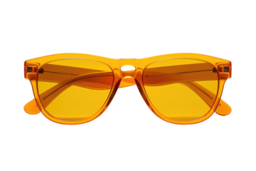 A Pair of Yellow Sunglasses. A photo featuring a pair of yellow sunglasses resting. on a White or Clear Surface PNG Transparent Background.