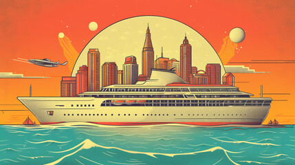 Retro illustration of a cruise ship in the style of science fiction - obrazy, fototapety, plakaty