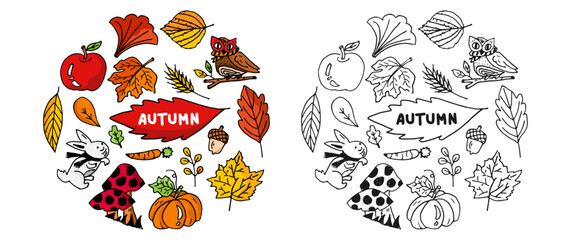 Autumn doodles drawing cartoons. Full color icon vector illustration art.