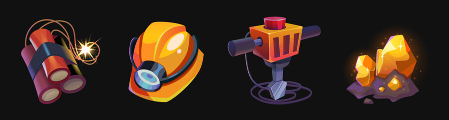 Game ui icons of gold mine tools. Cartoon vector illustration set of treasure hunt assets - glowing nuggets of gold in stone, drill machine and helmet with lantern, dynamite with lighted wick.