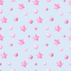 Abstract celebration seamless pattern with pink watercolor stars on light blue background. Great for cards, scrapbooking, party invitation, packaging, surface design.