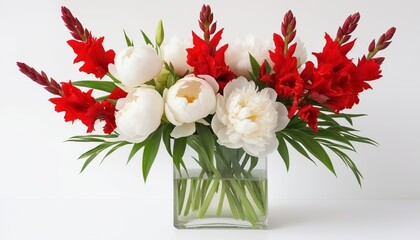 White Peonies and Red Gladioli on a White Background