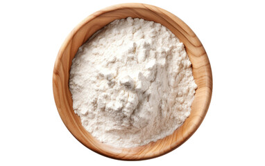 Wooden Bowl Filled With White Powder. A wooden bowl filled with a substance resembling white powder. on a White or Clear Surface PNG Transparent Background. - Powered by Adobe