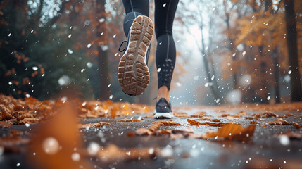 Legs of a female runner jogging in a park on a winter, generative ai - obrazy, fototapety, plakaty
