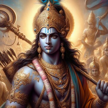 Oil Painting Close-Up: Indian God Krishna in the Mahabharat War