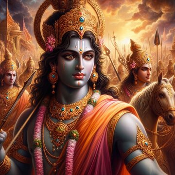 Oil Painting Close-Up: Indian God Krishna in the Mahabharat War