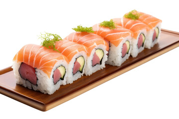 Plate of Sushi. A plate filled with various sushi rolls, placed on a White or Clear Surface PNG Transparent Background.