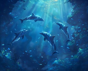 Delfine im Meer unter Wasser / Delfin Poster / Tier und Natur Wallpaper / Gruppe Delfine im Ozean / 5:4 Format / Ai-Ki generiert